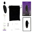 Load image into Gallery viewer, The We-Vibe Moxie+ Plus in Black is shown on a white background along with the accessories included: the manual, charging cord, and case.