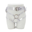 Load image into Gallery viewer, The Clear Ctrl Strapon Harness made by The Stockroom is shown from the front displayed on the lower half of a mannequin.