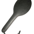 Load image into Gallery viewer, The Round Leather Paddle, made of black leather with a wrist loop on the handle, is displayed against a blank background.