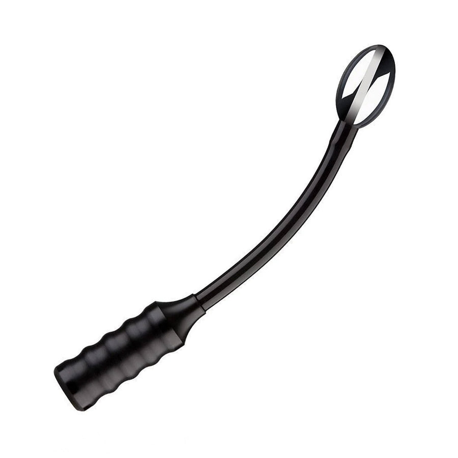 The Electrastim Depth Charge Electro Dildo is displayed against a blank background. It has a bulbous metal head attached to a very thin shaft, which is attached to a wider, cylindrical base. The neck and handle are black silicone.