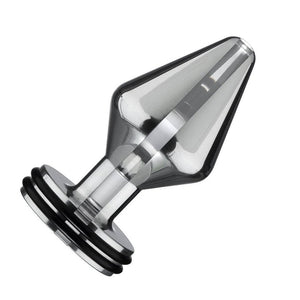 The Electrastim Electro Butt Plug is displayed against a blank background. It is a silver, conical, tapered butt plug with a thin neck and wide base.