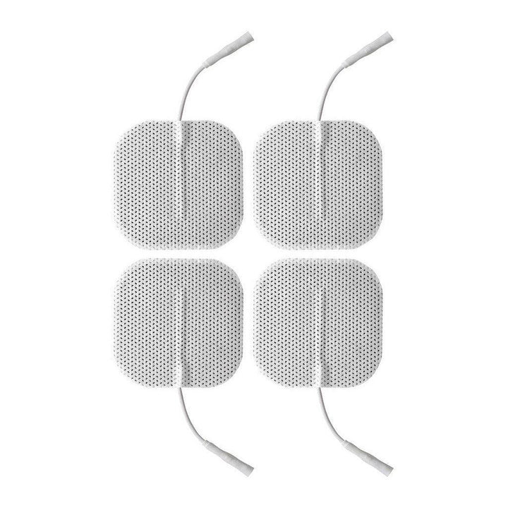Four Electrastim Square Self Adhesive Pads are displayed against a blank background. They are white squares with thin cords coming out of them.