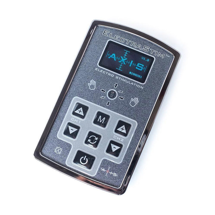 The Electrastim Axis Stimulator is shown against a blank background. It is a gray rectangular remote with a small LED screen and 7 buttons: a power button, 2 up arrows, 2 down arrows, 1 with an “M,” and 1 with 2 arrows going in opposite directions. 